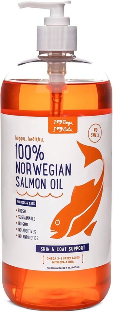 iHeartDogs Salmon Oil for Dogs and Cats - Napressing Skin & Coat Omega 3 Fish Oil for Dogs Supports Allergy & Itch Relief, Heart Health and Joint Health - 32 oz