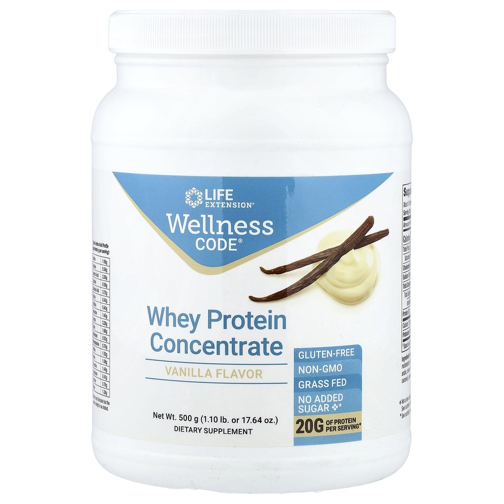Life Extension Wellness Code Whey Protein Konsentrat 20g Muscle Growth & Imune Health - Sourced From Grass-Fed, Free- Range, Hormone- Free Cows, Non-GMO, No Added Sugar, Vanilli - 500g