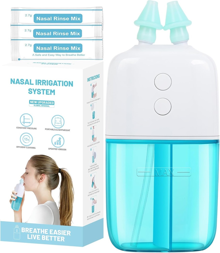 Sistem Irigasi Nasal dengan 30 Paket Saline - Dual Speed and Auto Waste Collection - Portabel dan Travitable Friendly Nasal Irrigator - Pembersih Nasal untuk Sinus Relief Nasal Rinse Machine