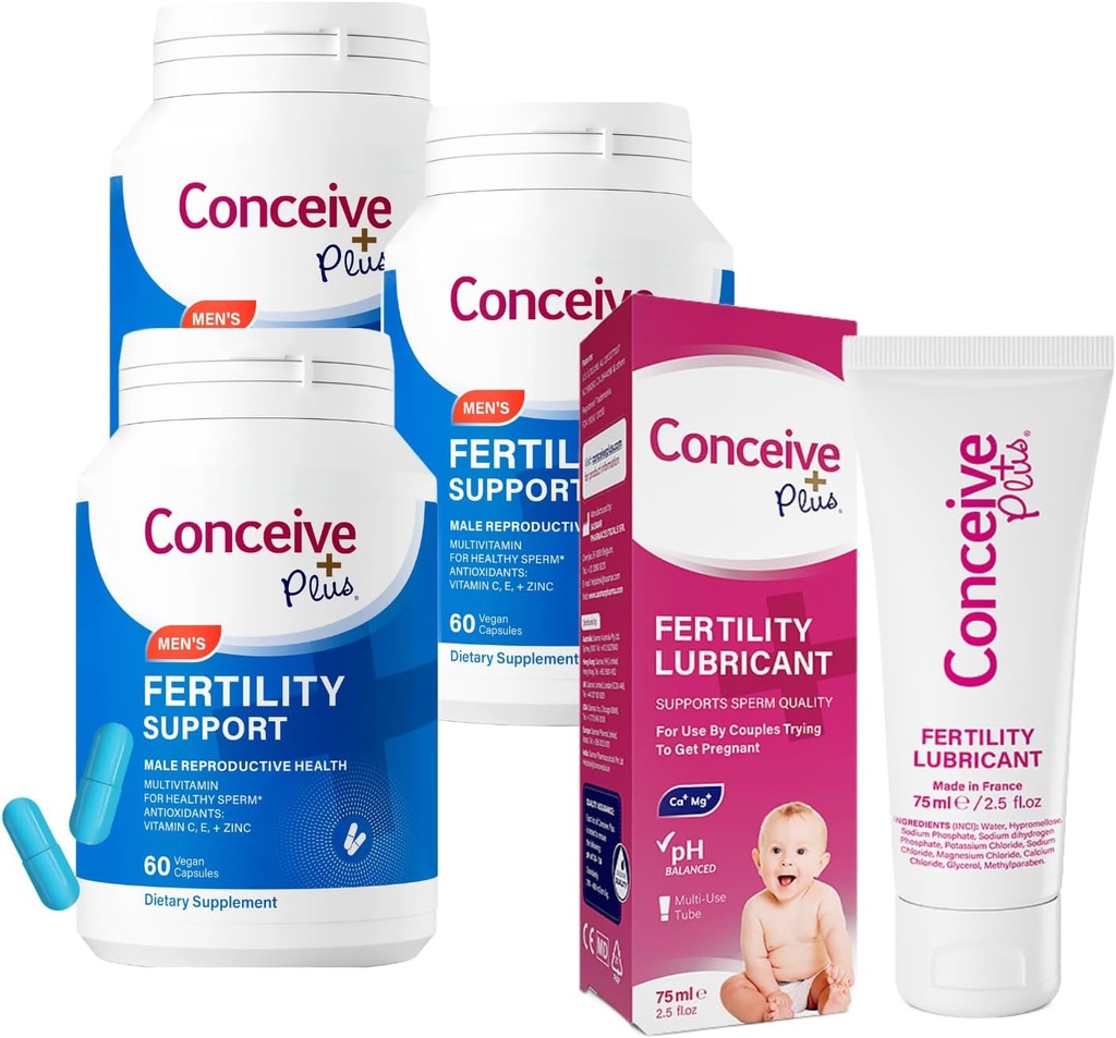 PLUS KONSEVE PLUS PLUS Fertilitas Bundle 124; 3 Bulan Suply Fertilitas Suplemen untuk Men 3 x 60 Count dan Fertility Lubricant 2,5 Ounce