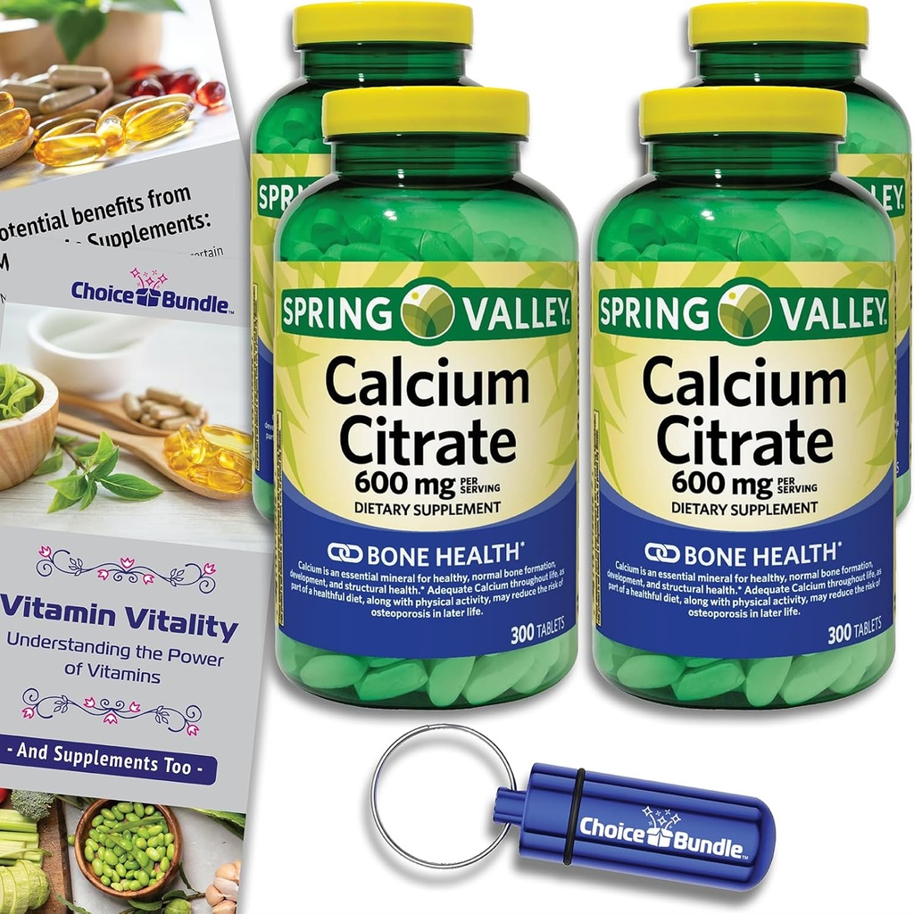 Spring Valley Calcium Citrate Tablet Diet Suplemen 600 mg 300 Ct 4 pk Choice Bundle (1200 Total) + Vitamin Guide & Pil (6 Item)!