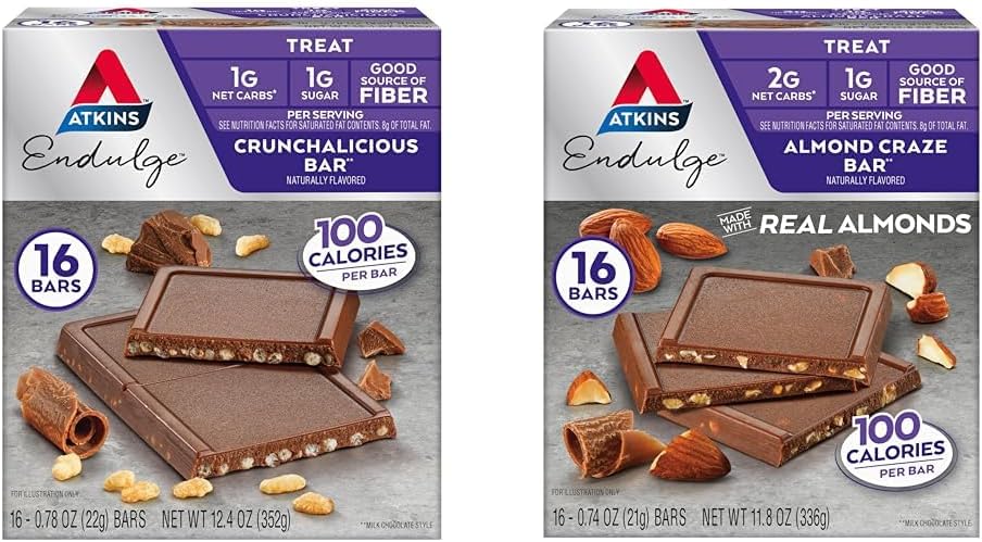 Atkins Endulge Treat Bars, Crunchalicious & Almond Craze Flavors, 12g Net Carbs, 1g Sugar, Good Fiber Source, Keto Friendly, 16 Count