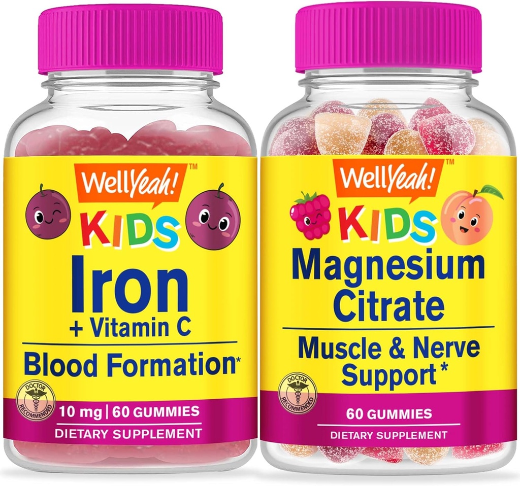WellYeah Iron + Vitamin C Kids + Magnesium Citrate Kids, Gummies Bundle - Great Tasting, Vitamin Suplemen, Gluten Bebas, GMO Bebas, Gummy Chewable