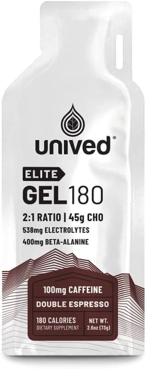 Unived Elite Gel 180-2: 1 Rasio of Simple & Complex Carbs with Beta Alanine Electrolites - for Endurance Athletes Runners & Cycists -180kcal - Double Espresso - 100mg Caffeine - Pack of 6
