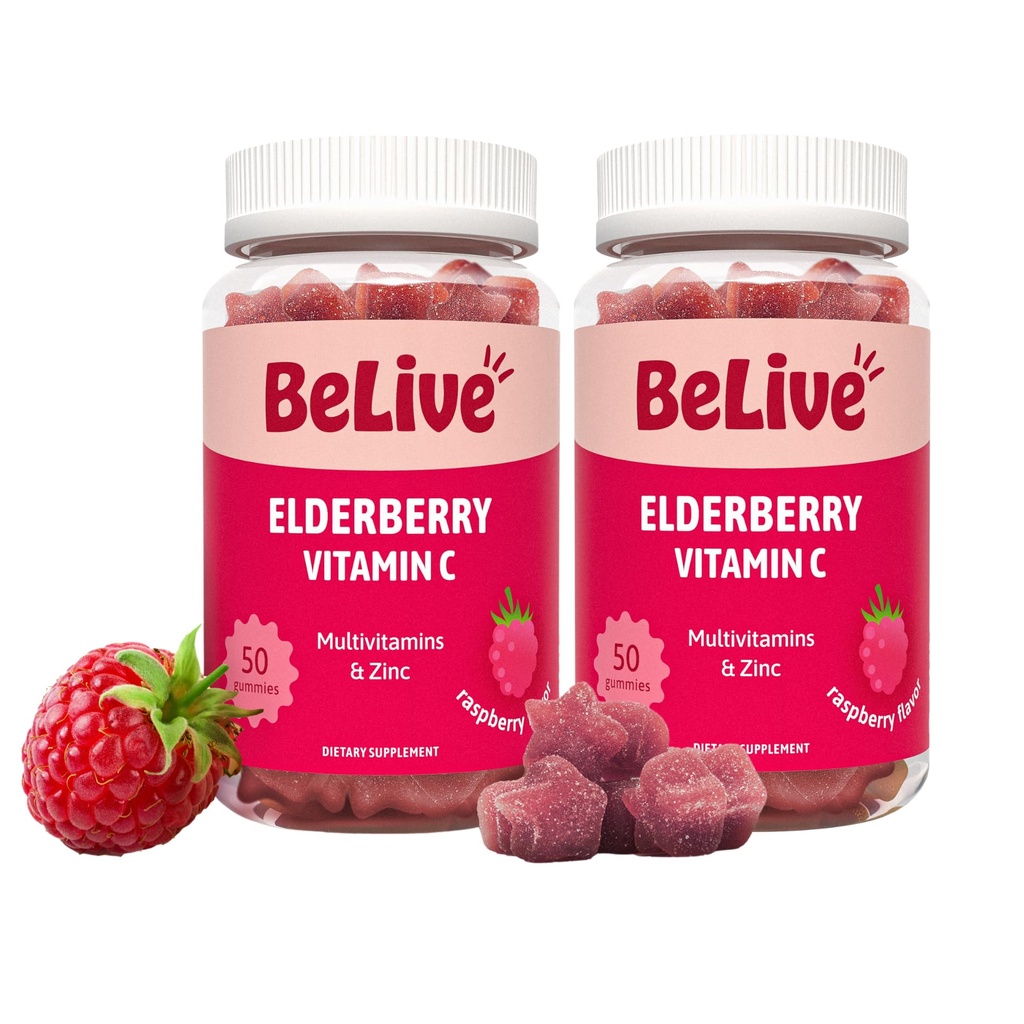 BeLive Elderberry Gummies dengan Zinc dan Vitamin C - Imune Dupport dengan Vitamin D, A, E, B12 - Gummies for Heally Bones & Teeth, Vegan, Keto & Non-GMO - Raspberry Flavor 124- Pack