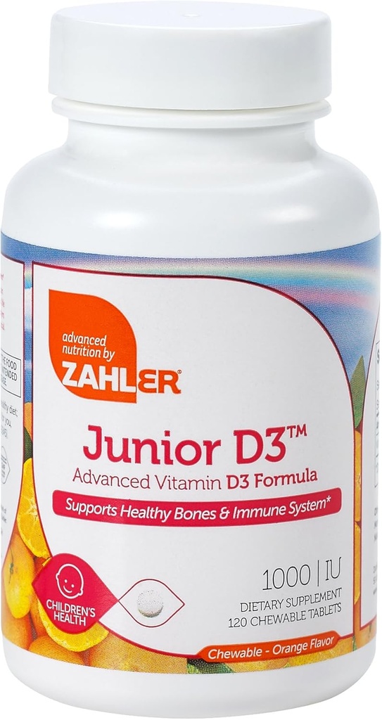 Zahler Junior D3 Chewable 100IU, Kids Vitamin D, Great Tasting Chewable Vitamin D for Kids, Optimal Vitamin D3 1000 IU untuk Anak-anak, Certifikasi Kosher, 240 Tablet Chewable
