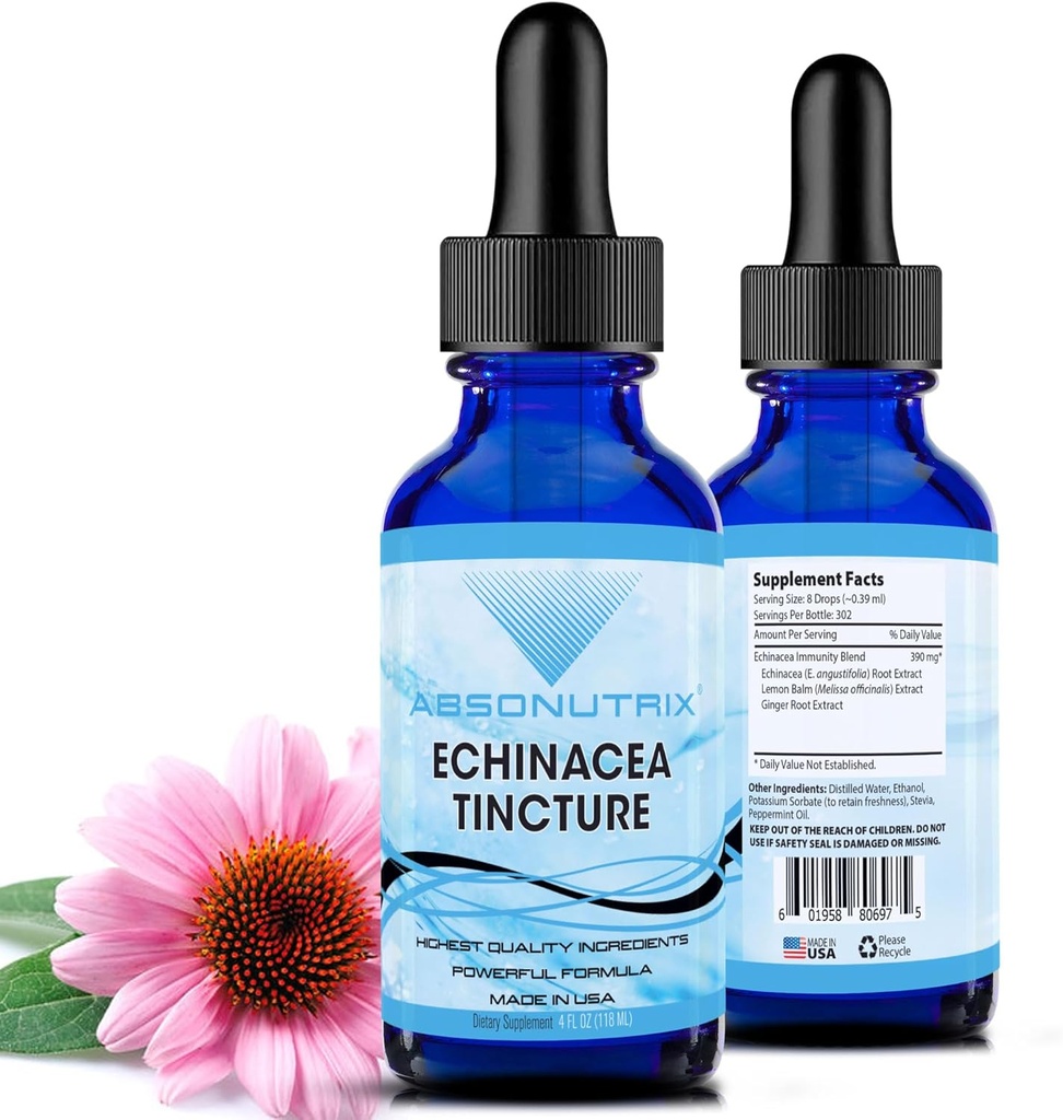 Absonutrix Echinacea Tacture Advanced Formula 390 mg, 4 Oz Liquid, 302 Servings, Made in USA, Quick Absorpsi, Quality Venable Ingreations, Non-GMO, GMP Certified Facility, Cruelty- Free Products