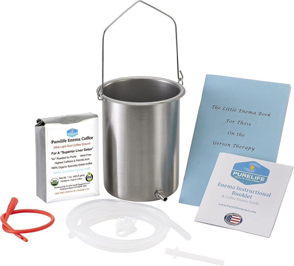 Purelife Detox Coffee Enema Kit - Made in USA - 2 Qt / Superior Non Toxic Made in USA Quality / 1 lb Purelife Ultra Light Gold Enema Coffee - Lab Tested with no mycotoxin- Silicone Tubing