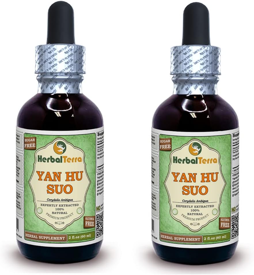 Yan Hu SUO (Corydalis Ambigua) Glycerite, Dried Roots Alcohol- Free Liquid Extract (Nama cair: HerbalTerra, Proudly Made in USA) 2x2 f.oz (2x60 ml)
