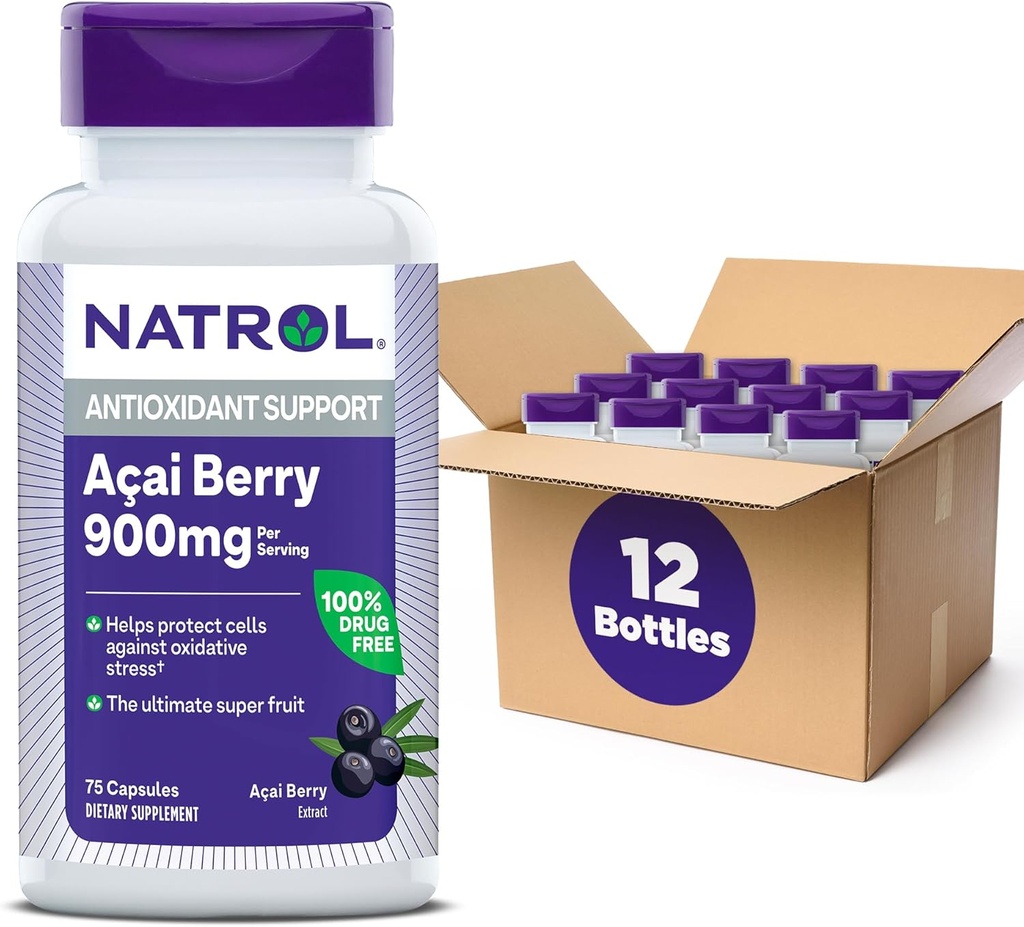 Natrol Acai Berry, Dietary Supplement, Antioksidant Protection & Pertahanan, The Ultimate Super Fruit, 900 mg Veggie Capsules, 75 Count (Paket 12)