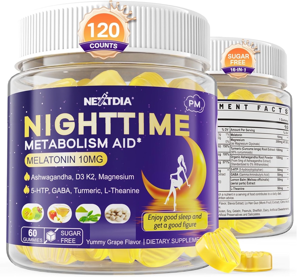 Melonadi 10mg Gummies, Night Time Metabolism Gummies for Adults, Hancurkan Excessmate Hoarding While You Rest, Provious Healthy Zzzs, dengan Magnesium, Ashwagandha, 5- HTP, GABA, 100% Free, Sugar Free, 2Packs
