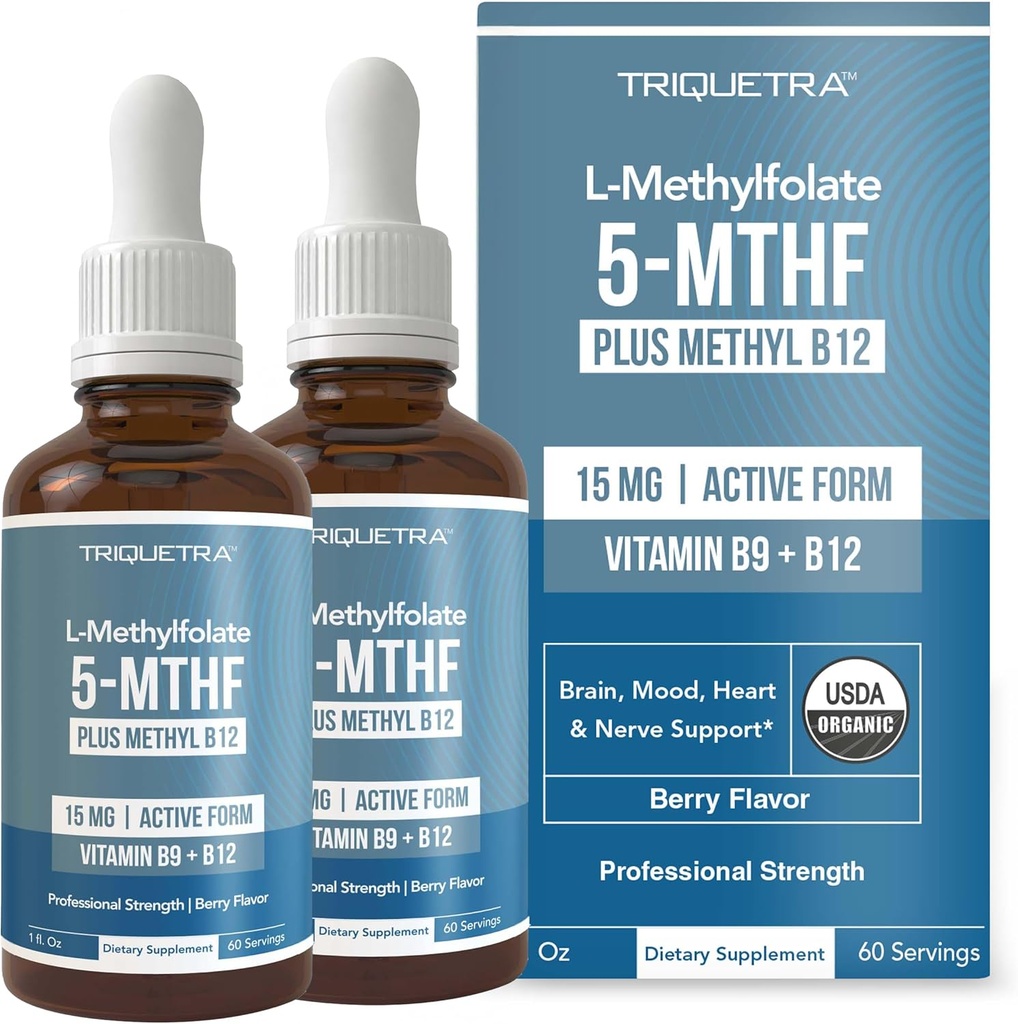L Metil Foil 15mg Plus Metil B12 Cofactor - Organik, Berry Flavor, Professional Power, Liquid Sublingual, Aktif 5-MTHF Form - Mendukung Mood, Homocysteine Methylation, Cognition (1oz -2 Pack)