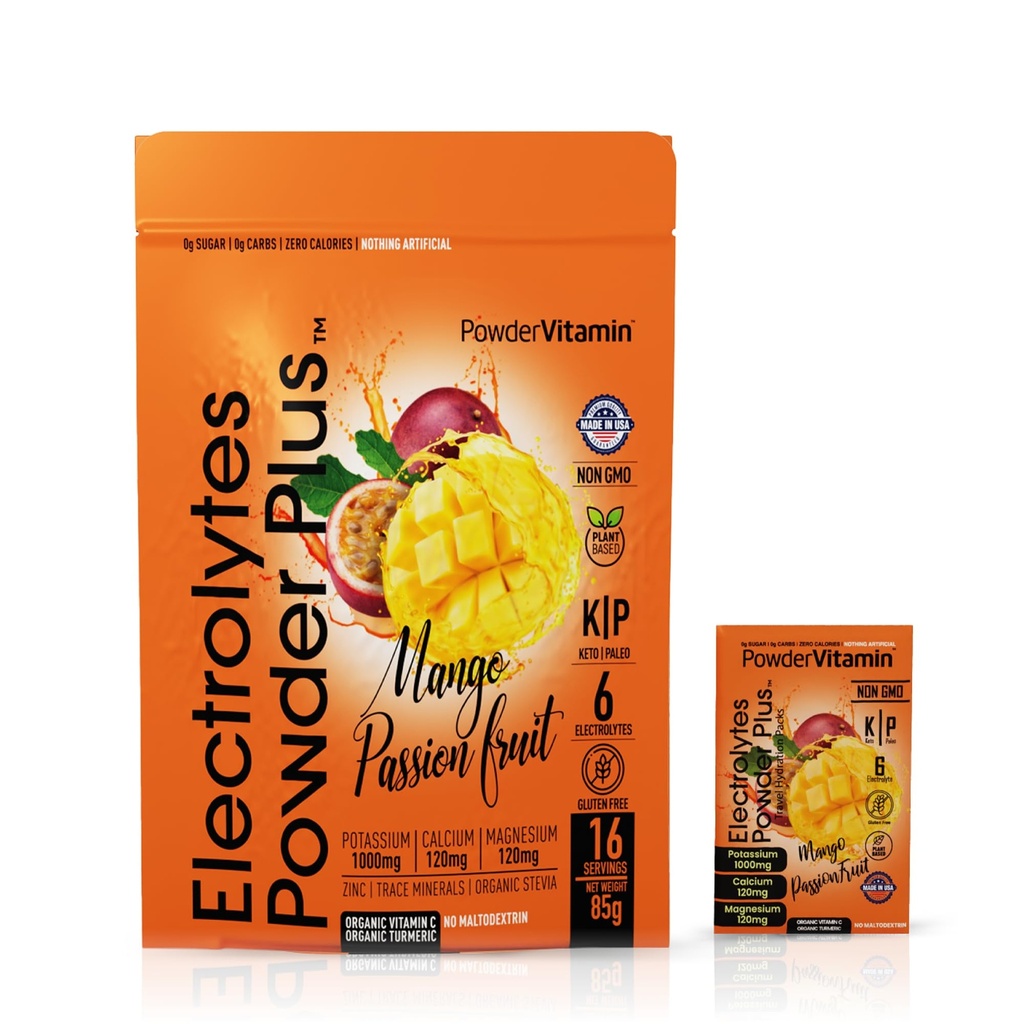 PowderVitamin Electrolytes Powder Plus, Keto, Mango Passionfruit, Sugar Free, Pink Himalaya Salt, 1000mg Potasium, 120 mg Calcium, 120 mg Magnesium, Nor-GMO, Zero Calories, (16 Paket Hidration)