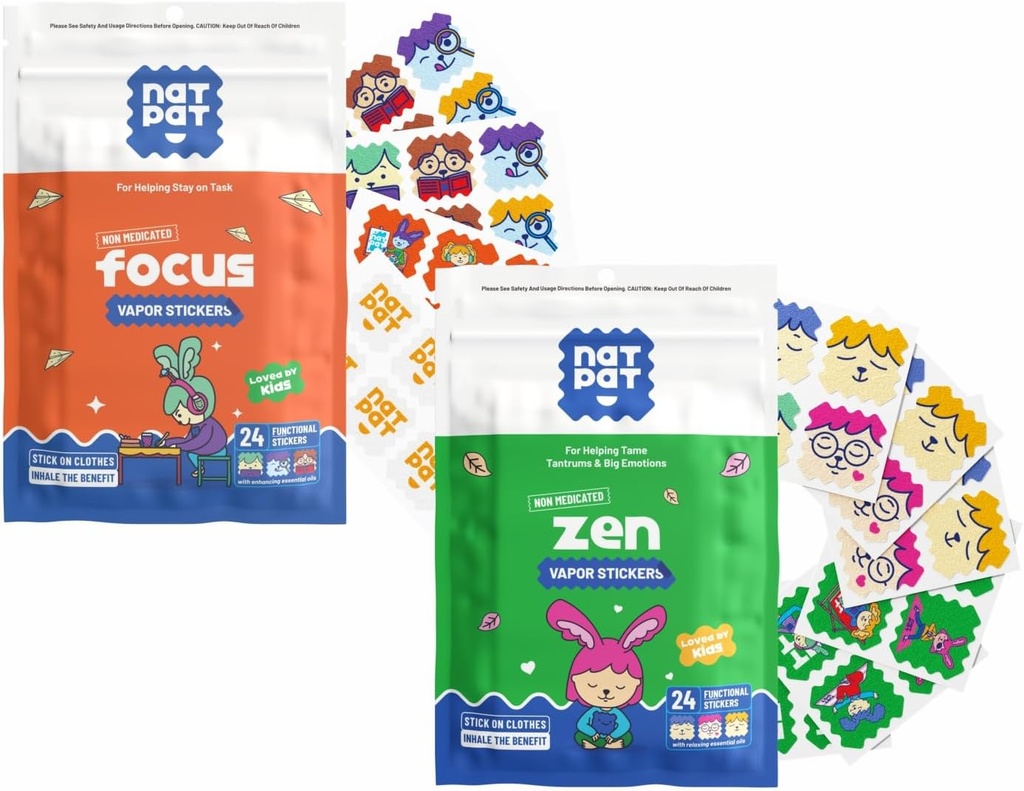 NATpat FocusPatch (1 Pack) dan ZenPatch (1 Pack) Bundle - 24 Focus Enhancing Stickers dan 24 Calm Enhancing Stickers - Chemical Free, Natural Relief for Focus and Mood Support
