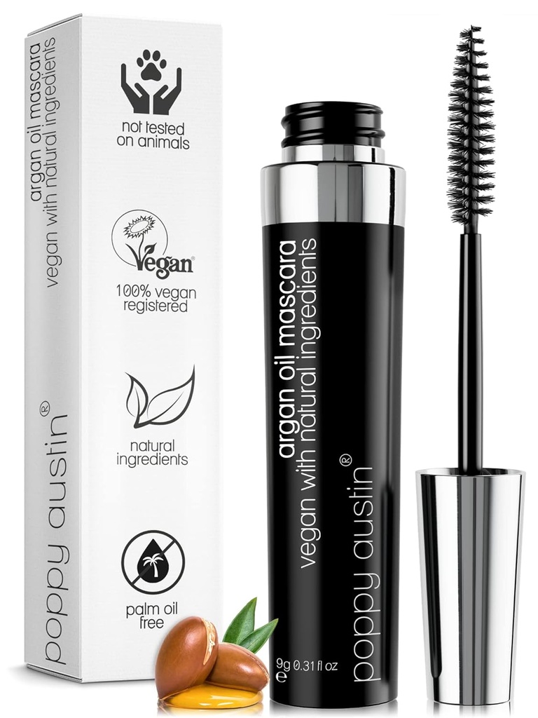 Poppy Austin Organic Mascara, Natural, Vegan, Paraben-Free, Cruelty- Free - Hypoallergenic Mascara Lengther & Volumizing with Argan Oil - 0.31 Fl Oz (Hitam)