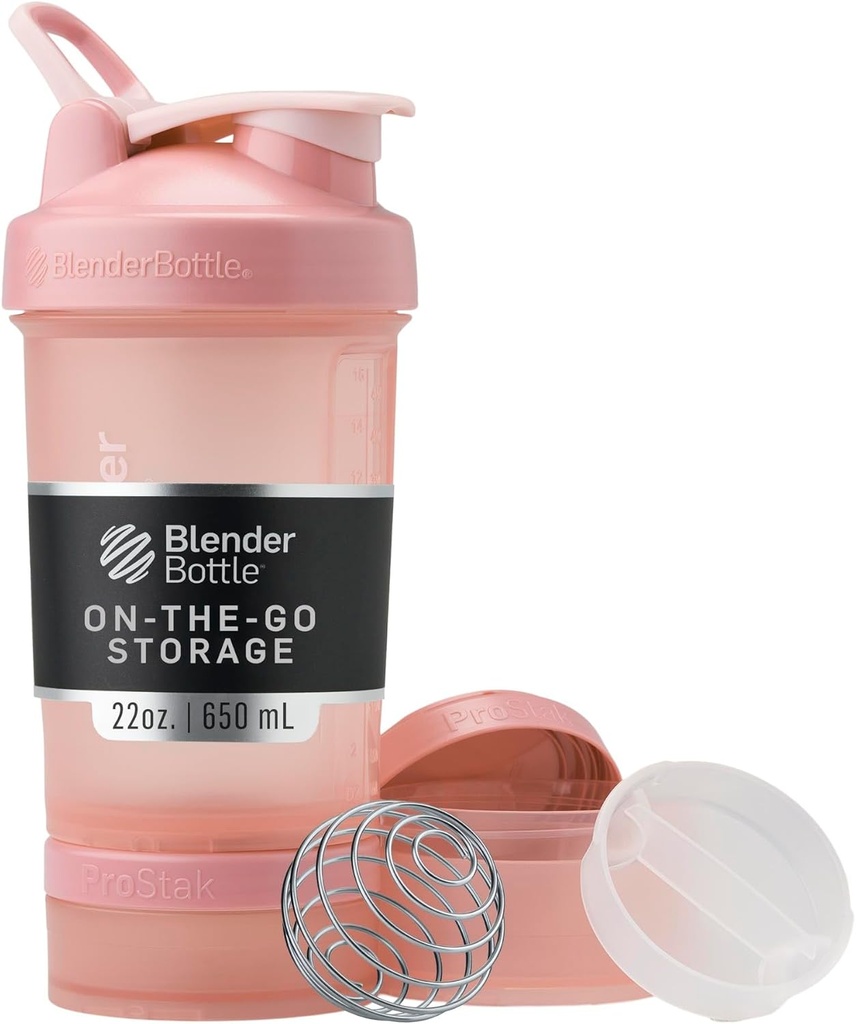 BlenderBottle Shaker Bottle dengan Pill Organizer dan Penyimpanan untuk Powder Protein, Sistem ProStok V2 Klasik, 22-Ounce, Rose Pink