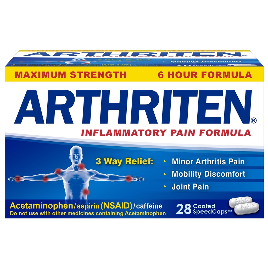 Inflammatory Pain Formula Caplets with 3 Active Ingredictions: Aspirin, Acetaminophen & Caffeine, White, 28 Count (Pack of 1)