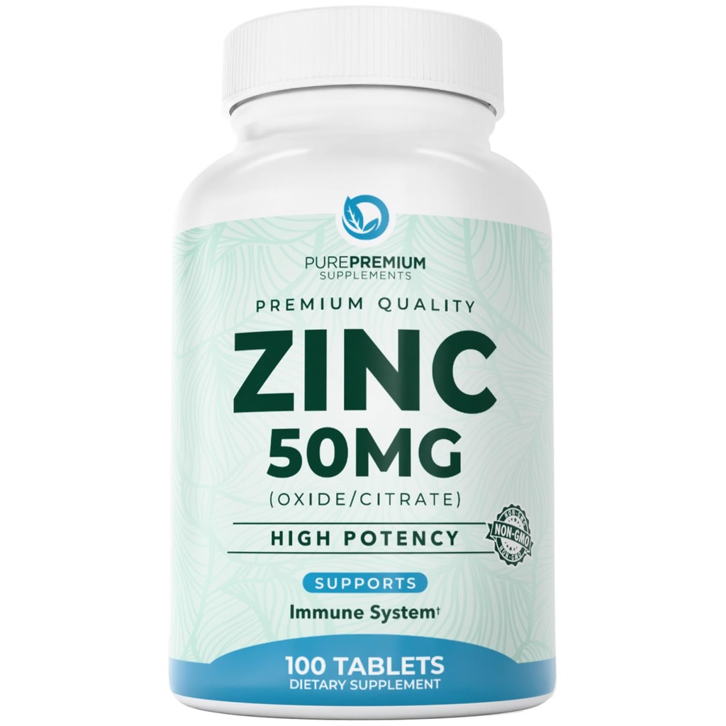 PurePremium Natural Zinc 50mg Suplemen untuk Pria / Perempuan - GMP- Certified Tinggi Potency Vitamin Zinc Citrate / Oxide untuk Dewasa, Imune Antioksidant, Dukungan Energi - 100 Tablets
