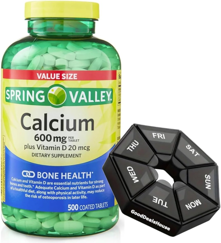 Spring - Valley Calcium 600 mg + Vitamin D 20 mcg - 500 Count dengan Weekly Pill Organizer GoodDealsHouse
