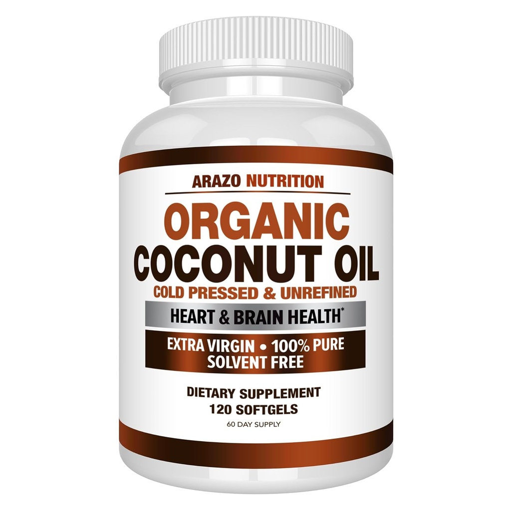 Arazo Nutrition Organic Coconut Oil 2000 MG - 100% Virgin Unsour Cold Pressed for Weight Dups, Skin, Hair, Nails - 120 Softgel Capsules