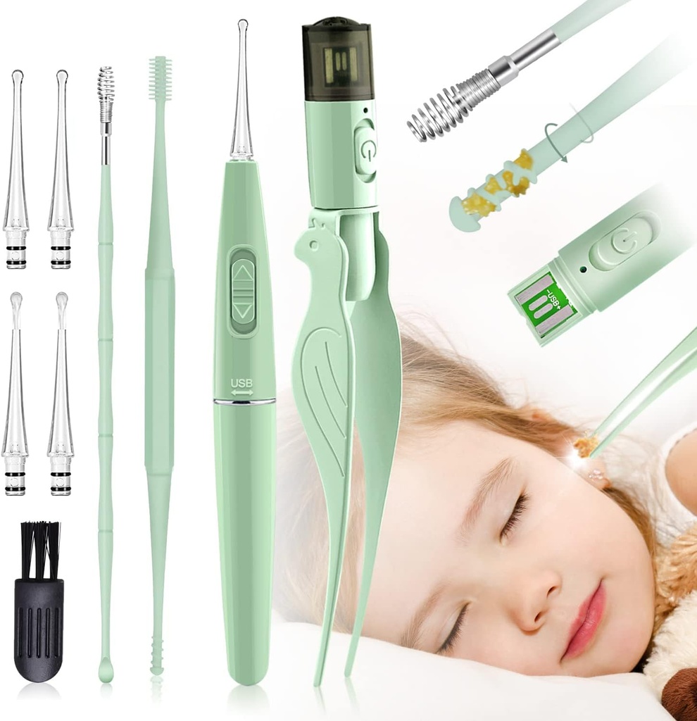 Ear Wax Removal Tools, 9 Pack Ear Cleaning Tool, Ear Pick with 2 LED Lights, Built-in USB Ear Wax Remover for Children and Adults