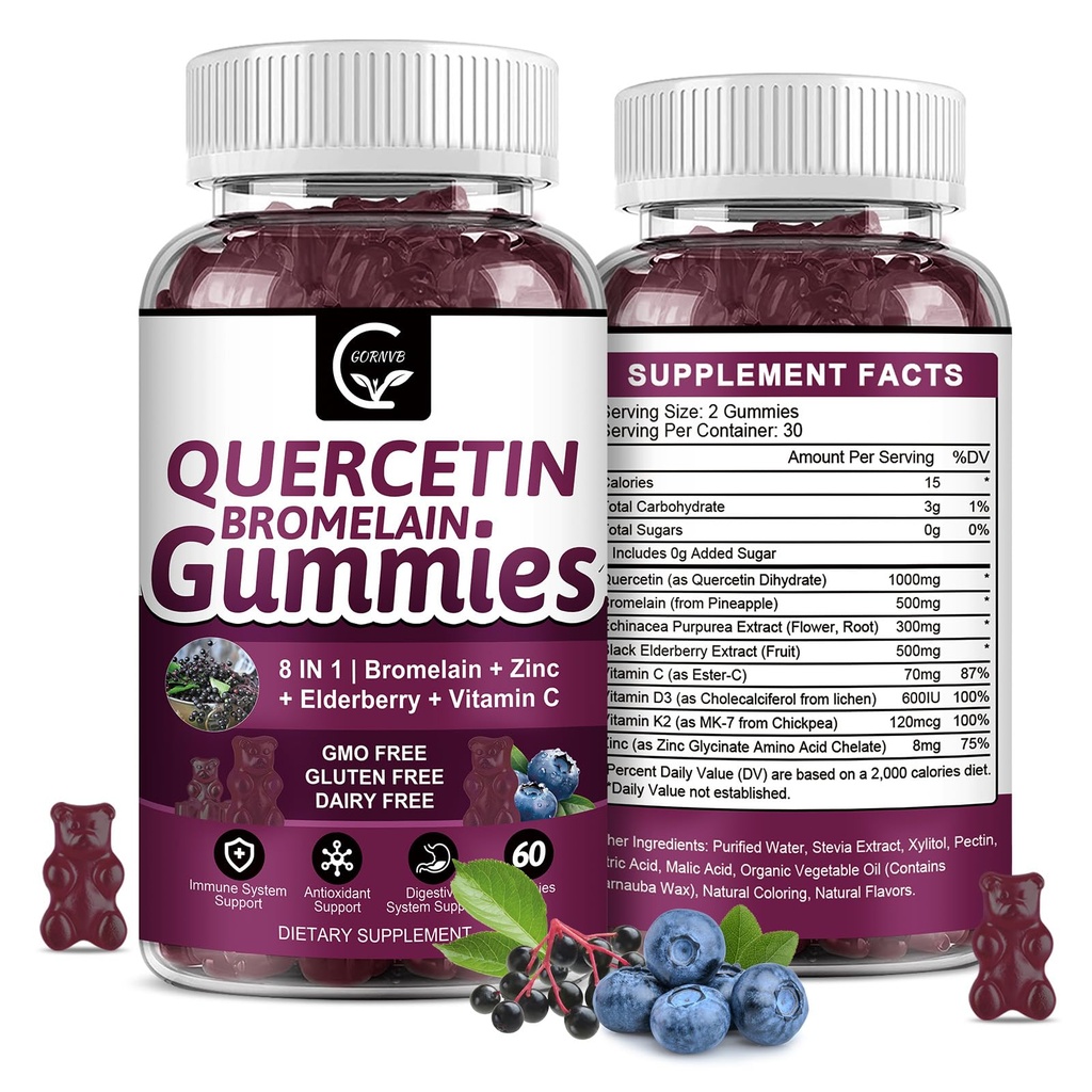 Quercetin Gummies dengan Bromelain 2378mg - Blend with Elderberry, Echinacea Purpurea Ektract, Zinc, Vitamin C, D3, K2, Complex Supports Imune, Cardiovascular & Respiratory, Vegan Gummy for Dewasa & Kid