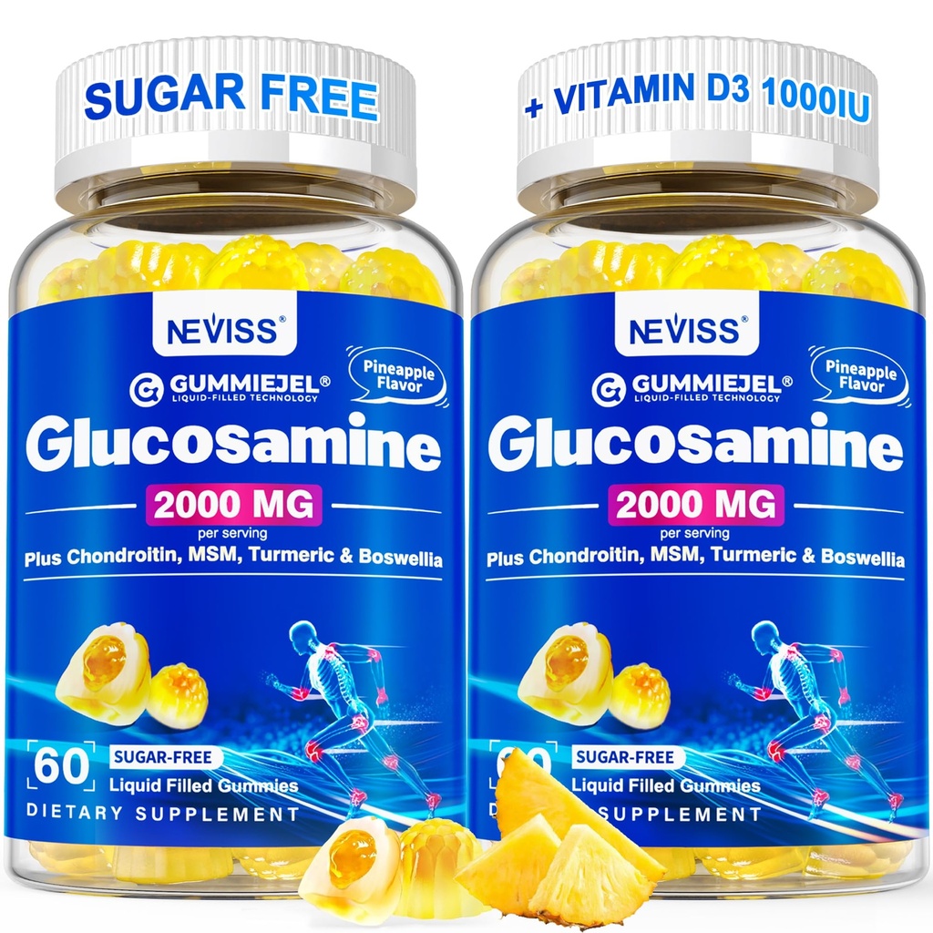 Sugar Free Glucosamine Filled Gummies - Glucosamine Suplement Plus Chondroitin, MSM, Turmeric, Boswellia, Acid Hyaluronic, Vitamin D3 & Zinc, 120 Gummies, 60 Servings