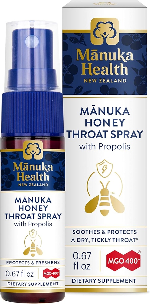 KEPALA MANUKA, Manuka Honey Throat Spray dengan Propolis .67 lf oz, Protects & Freshens, MGO 400 +, BIO30 Zealand Propolis