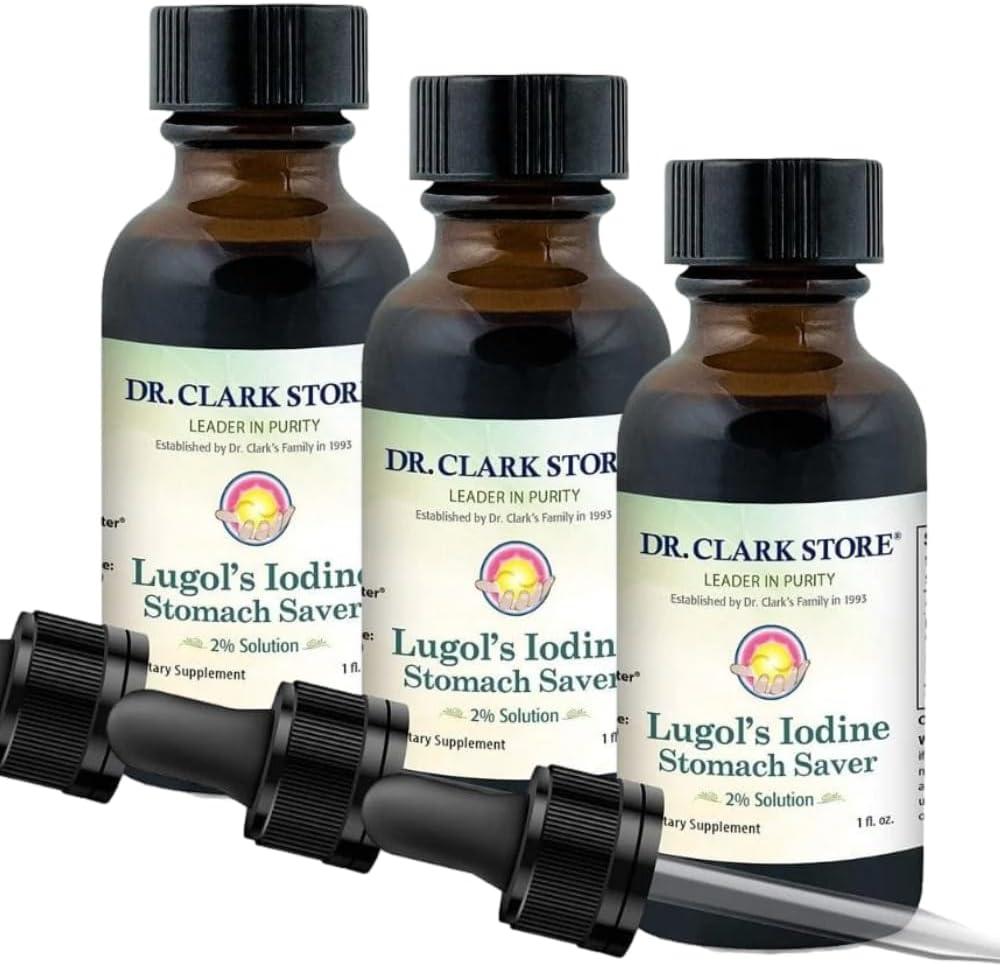 Iodin Dr Clark Lugol 2% Solusi - Aqueous dan 2% yodium granular - Relief alami dan Layanan Kesehatan - 1 fl Oz dengan Dropper 3Pack