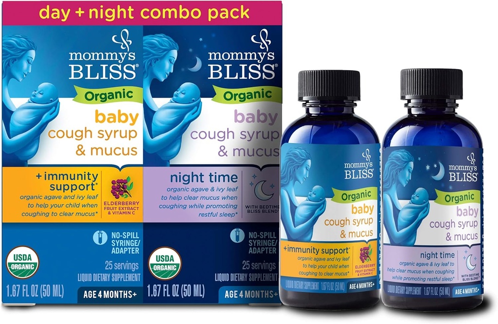 Kebahagian Kebahagian Ibu Bayi Organik Cough Syrup & Musus Relief, Hari dan Malam Combo, Berisi Organik Agive dan Ivy Leaf, Untuk Umur 4 Bulan +, 1.67 Fl Oz (Paket 2)