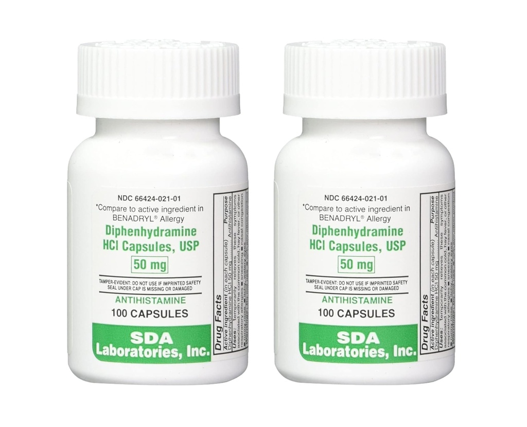 SDA LABORIES Diphenhydramine 50mg, Allergy Relief, Antihistamin Capsules, Fast- Bertindak Formula untuk Sneezing, Nose Runny & Itchy Eyes - 100 Count (2 Pack)