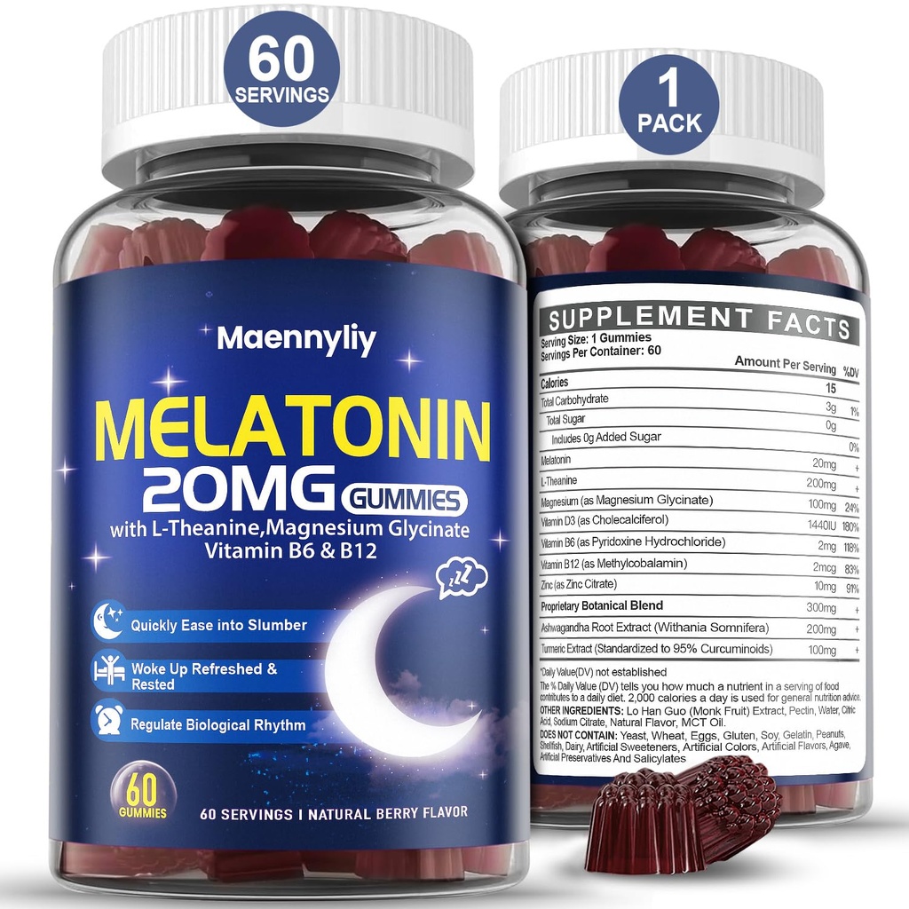Melonatin 20mg Gummies for Adules - Sugar Free Melonatinin Gummies Extra Kekuatan dengan L- Theanine, Magnesium, Ashwagandha, Turmeric, D3 & Zinc - Non-Habit Forming