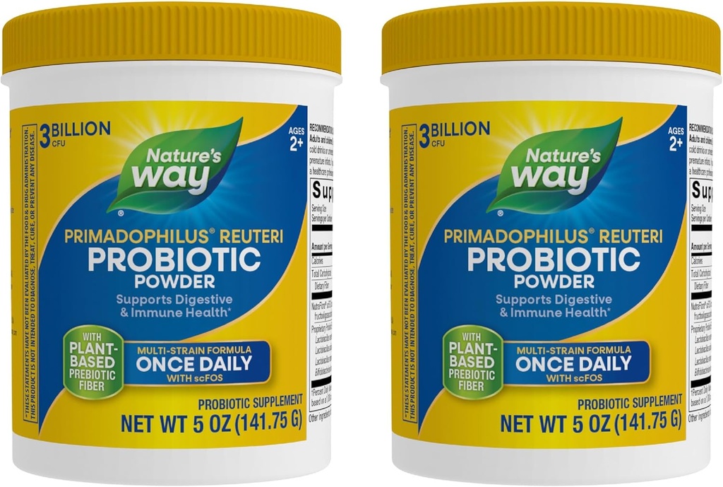 Nature 's Way Primadophilus Reuteri Probiotic Powder, Supports Digetical & Imune Health *, Multi- Strain Formula, dengan Pregren, 3 Million Live Cultures, 5 Oz (Packing May Vary) - 2 Pack