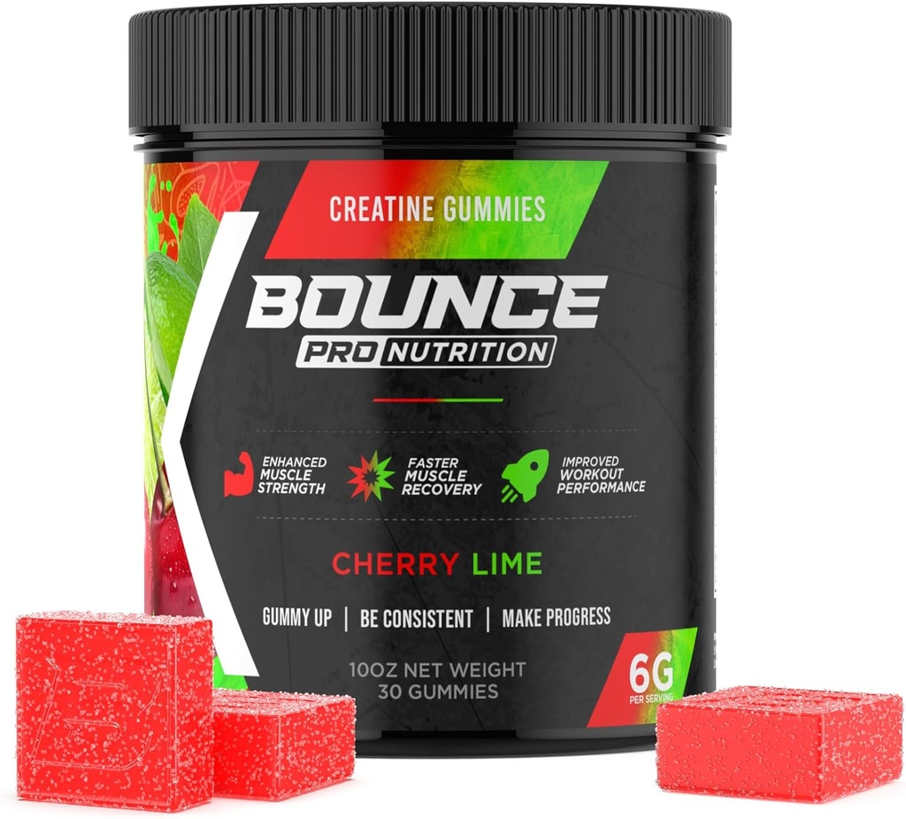 Bounce Pro Creatine Monohydrate Gummies for Men & Women, Low Calorie, 6G of Creatine per Serving, Vegan, Anti- Melting, Gluten- Free, Non-GMO, 2g of Creatine per Gummy (30ct, Cherry Lime)