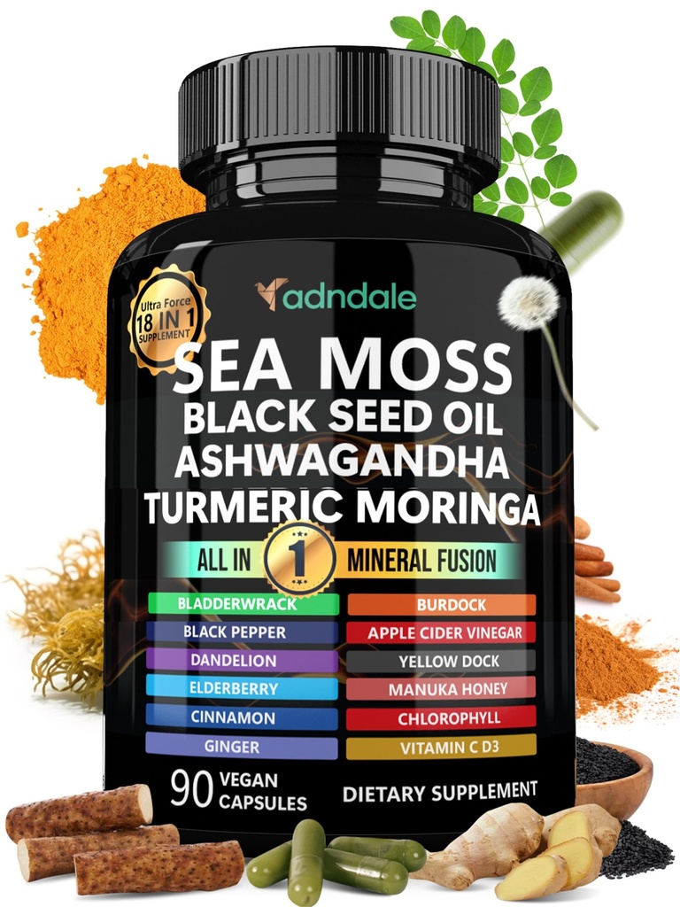 Adndale Sea Moss Black Seed Oil Ashwagandha Ginger Capsules. Seasons Capsules dengan Minyak Benih Hitam, Ashwagandha, Turmeric, Moringa, Bladderwrack, Burdock Root, Manuka Honey, Cinnamon