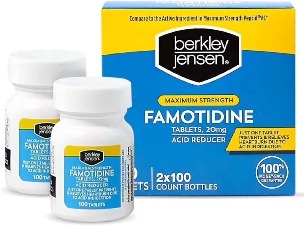 Berkley jensen Maximum Kekuatan Fomotidine 20 mg - (200 Count), Talet Reducer Acid, Relieves Meal- Induced Heartburn & Acid Indiusolcable Sympitics, All-Day Heartburn Prevention & Relief
