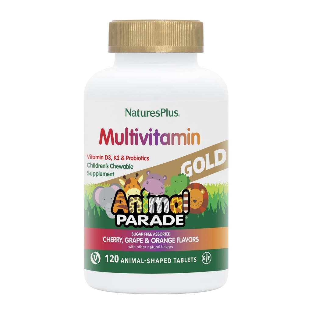 Natuture Plus Animal Parade Gold Children 's Multivitamin - Asported Cherry, Orange & Grape Flavors - 120 Chewable Animall-Sheed Tablets - Vegetarian, Gluten Free - 60 Servings