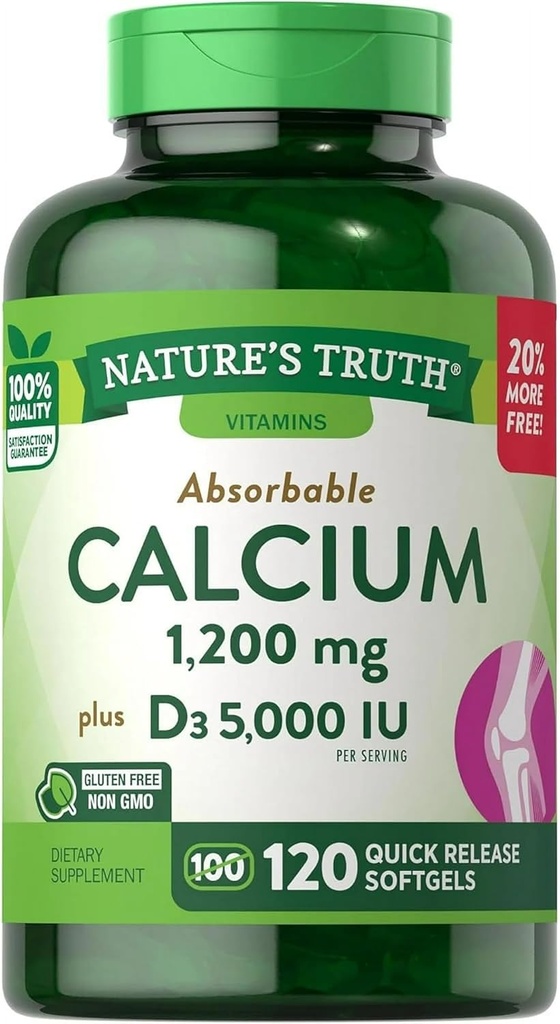 Kebenaran Alam Absorbable Kalsium 1200 mg Plus D3 5000 IU per Serving Quick Softgels - 120 ct, Paket 2