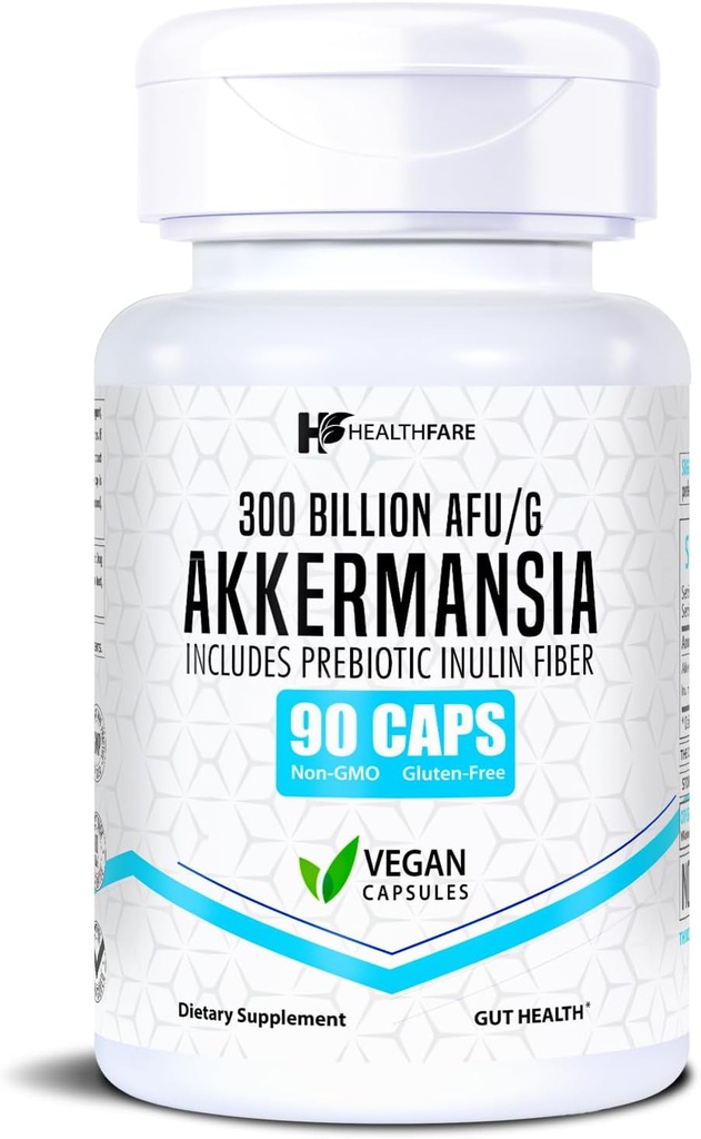 Healtfare Akkermansia Muciniphila Probiotic 124; 300 Milyar AFU 124; 90 Vegan Capsules 12.4; Inulin Prebiotic for Gut Health & Digetivaly Dupport 14; Non-GMO, Gluten- Free Gluten-124; Dibuat di AS