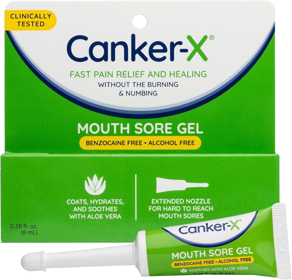 Canker-X Mouth Sore Gel, Fast Pain Relief & Healing for Canker Sores, Cheek Bites dan Oral Abrasions, Oral Pain Relief Geel, Benzocaine- Free dan Alcohol- Free, Dewasa dan Anak 6 + Tahun, 0.28 fl oz