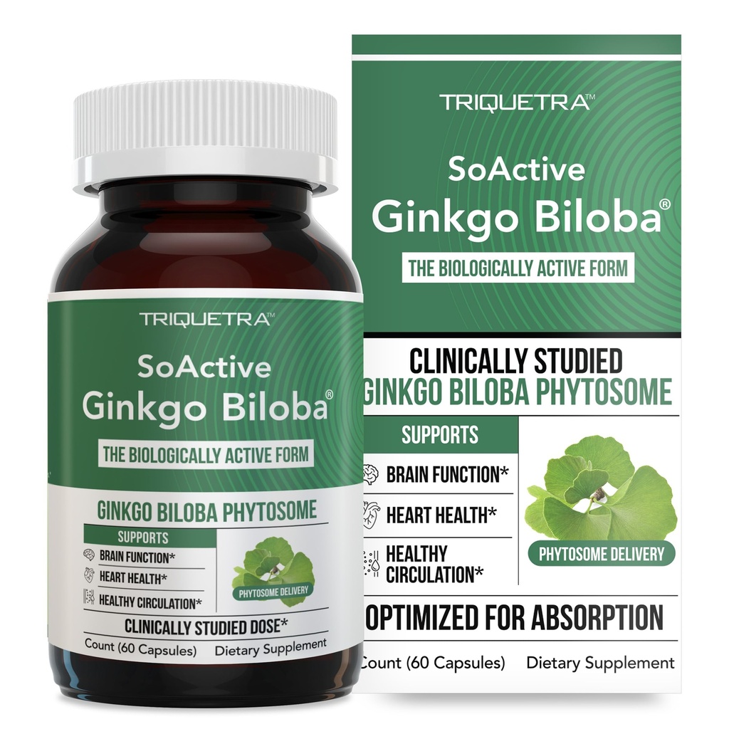 SoActive Ginkgo Biloba dengan Ginkgo Select ® Phyttoome 124; Clinically Studied Absorpsi untuk Brain, Heart & Memory Dukungan - 180 mg - Membantu Mempertahankan Circulation & Cognitive Health (60 Capsules)