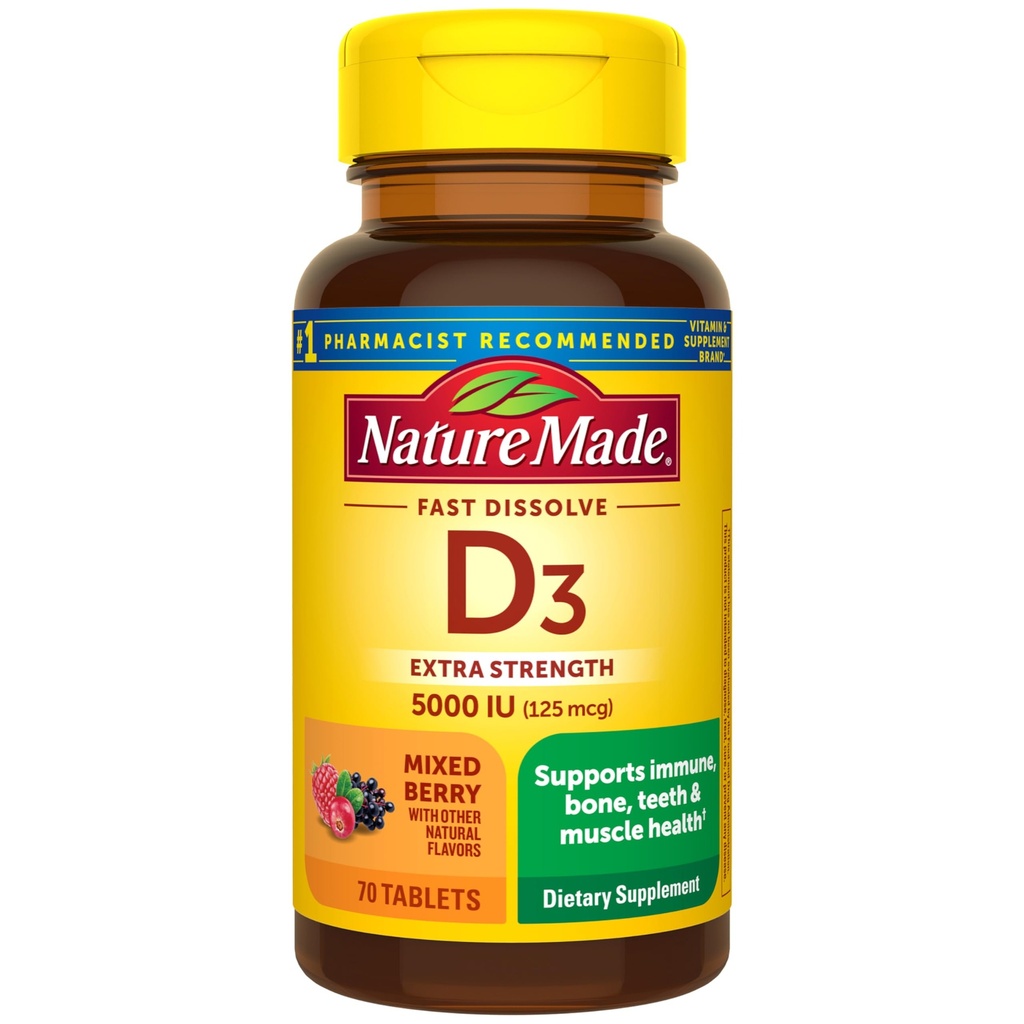 Nature Made Vitamin D3 5000 IU (125 mcg) Ekstra Kekuatan, Vitamin D Suplemen Imune, 70 Sugar Free Fast Dissolve Tablet, Pasokan 70 Hari