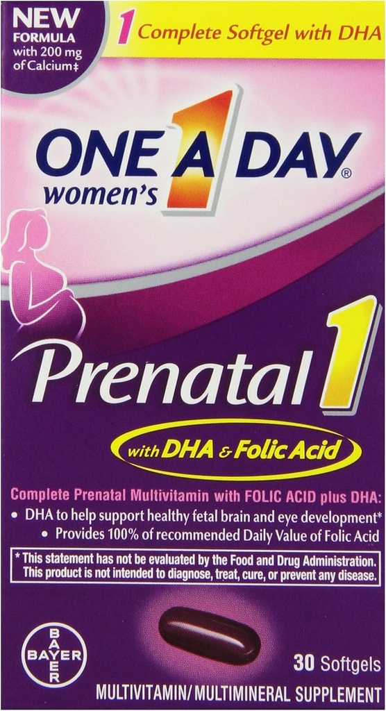 Satu hari di Prenatal 1 Multivitamin, Suplemen untuk Sebelumnya, During, dan Post Pregnancy, termasuk Vitamin A, C, D, E, B6, B12, dan Omegaga-3 DHA, 30 Count
