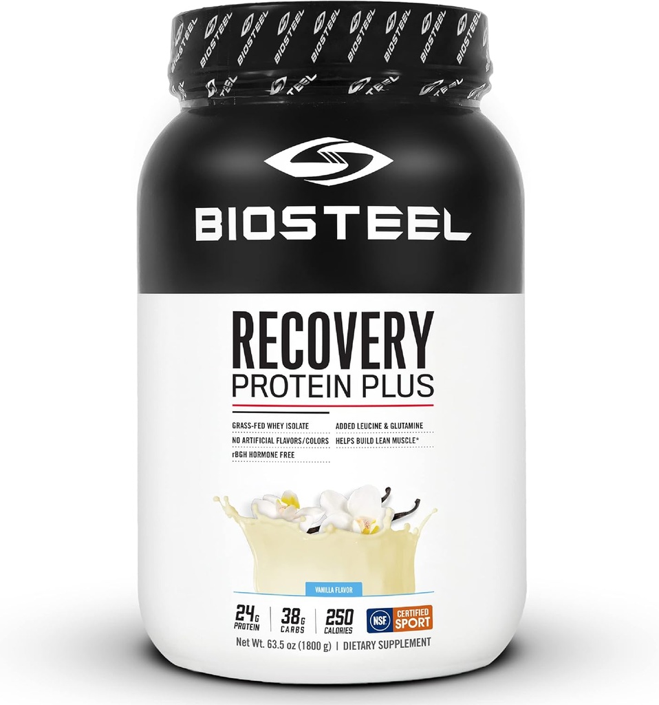 BIOSTEEL Recovery Protein Plus Powder Suplemen, Grass- Fed dan None-GMO Formula, Vanilla, 27 Servis