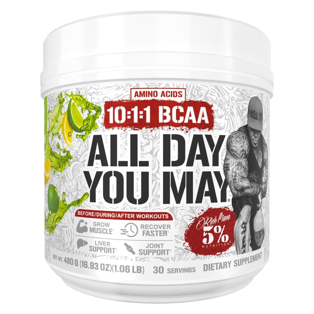5% Nutrition Rich Piana AllDayYouMay BCAA Powder 124; Premium Intra & Post Workout Acids, Hidration, Endurance, Muscle Recovery, Gabungan & Liver Dukungan 124; 15.3, 30 Pegawai (Lemon Lime)