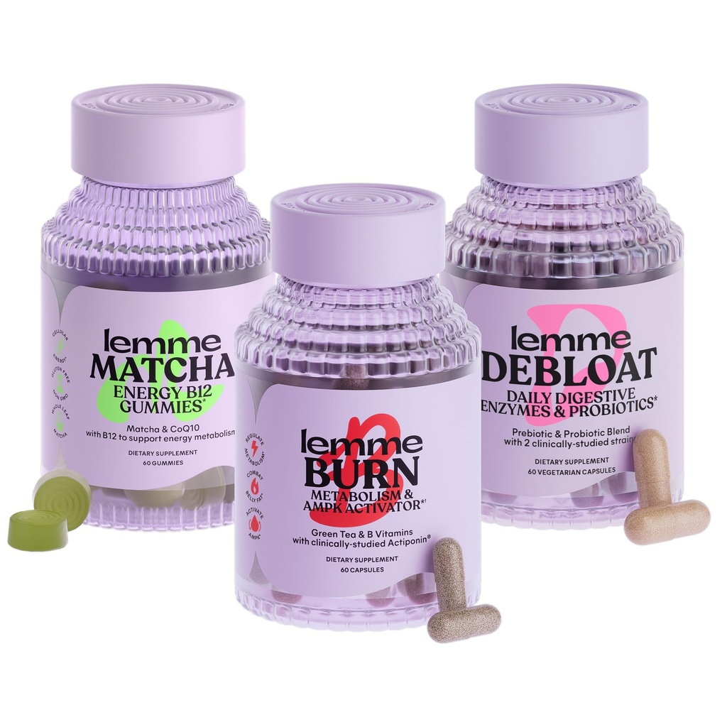 Lemme Burn, Debloat & Matcha Bundle - Metabolisme & Fat Burning Capsules + Bloating & Gas Relief Capsules + Energy B12 Gummies - Gluten- Free, Non-GMO - 60 ct. ea