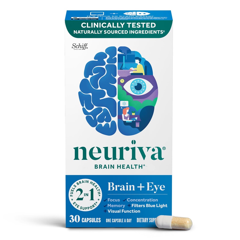 Suplemen Otak + Mata NeURIVA untuk Memori, Fokus & konsentrasi dengan Lutein & Vitamin A C E dan Zinc untuk Kesehatan Mata & IkhtimeI ke Filter Blue Light, 30ct Capsules