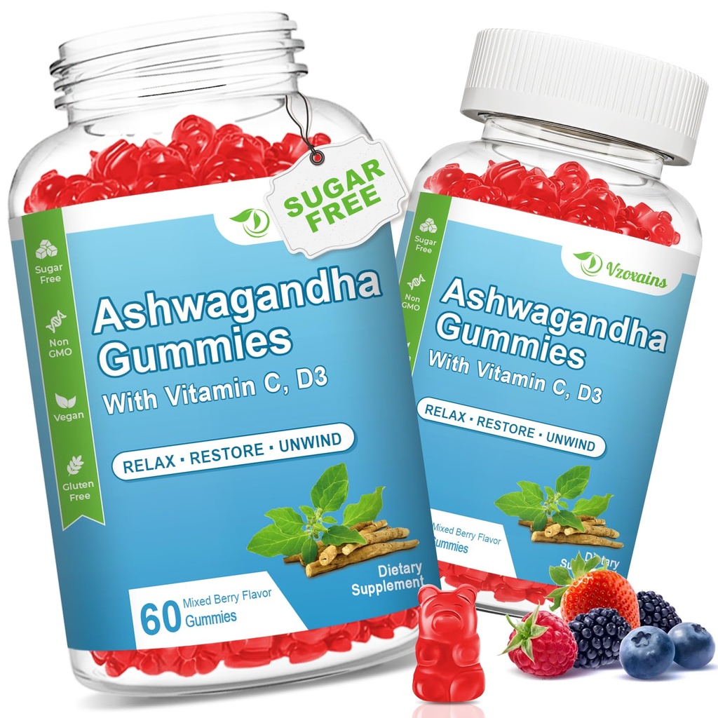 2 Pack Ashwagandha Gummy & Vitamin D for Women & Men, Sugar Free Vegan 1000MG Ashwagandha Suplemen Gummy & Vitamin C, 120 Count