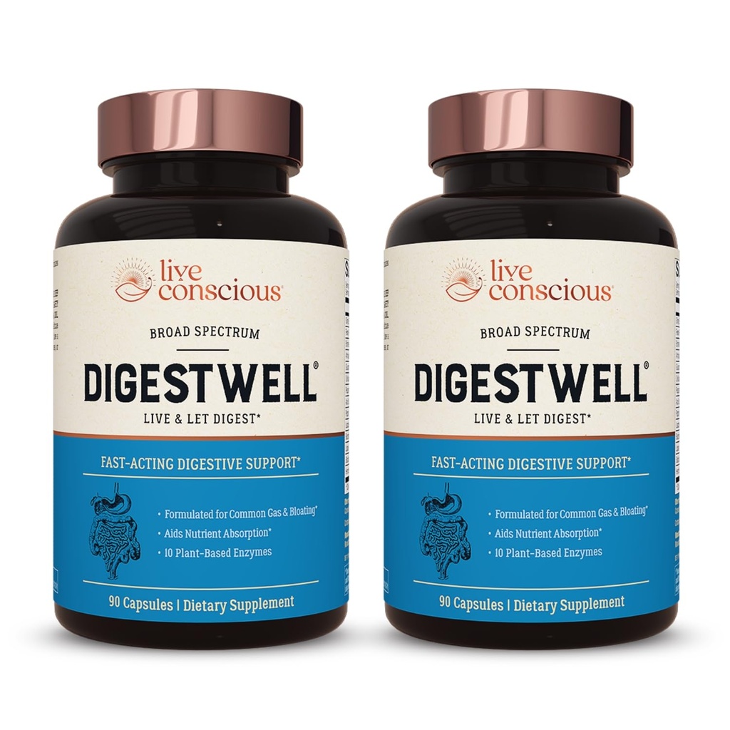 Dukungan Langsung Conscious Digestwell - Kecepatan-Akting Digetsy Dukung; Broad Spectrum Enzyme, Probiotic & Herbal Formula - Turunkan Gas & Bloating - 90 Capsules (2- Pack)