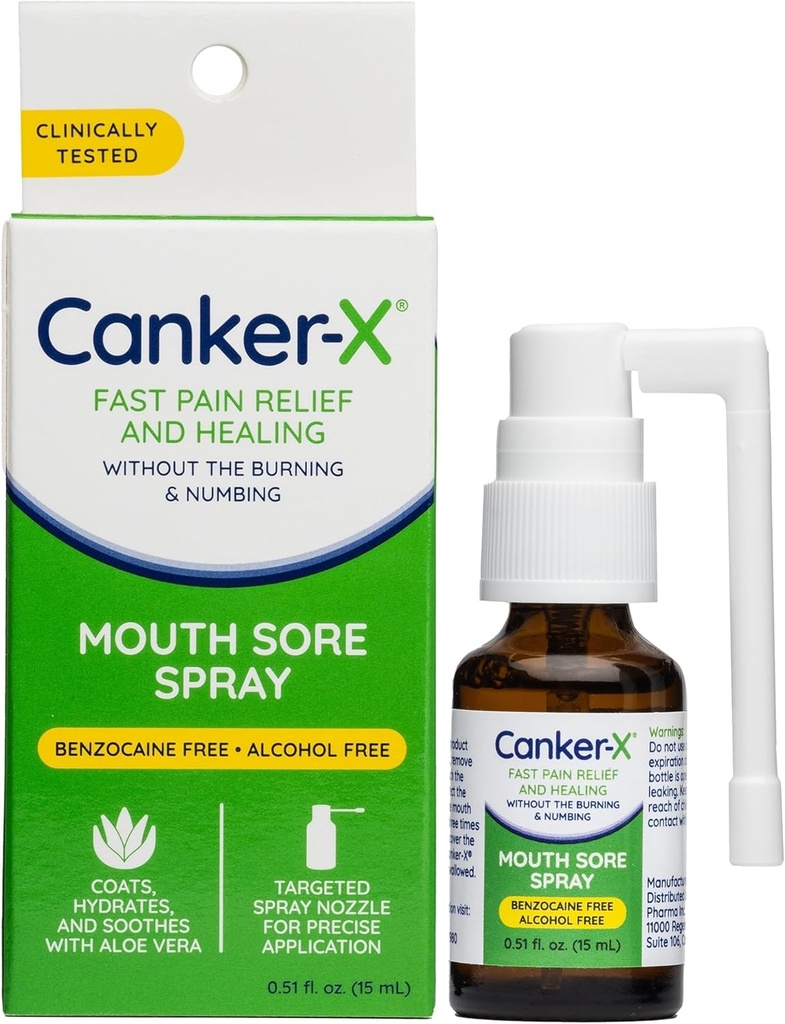 Canker- X Mouth Sore Spray, Oral Pain Relief from Canker Sores, Burns & More, No Burning & Nuaring, Benzocaine- Free & Alcohol- Free Mouth Ulcer Treatment, Targeted Spray Nozzle, 0.51 Fl.